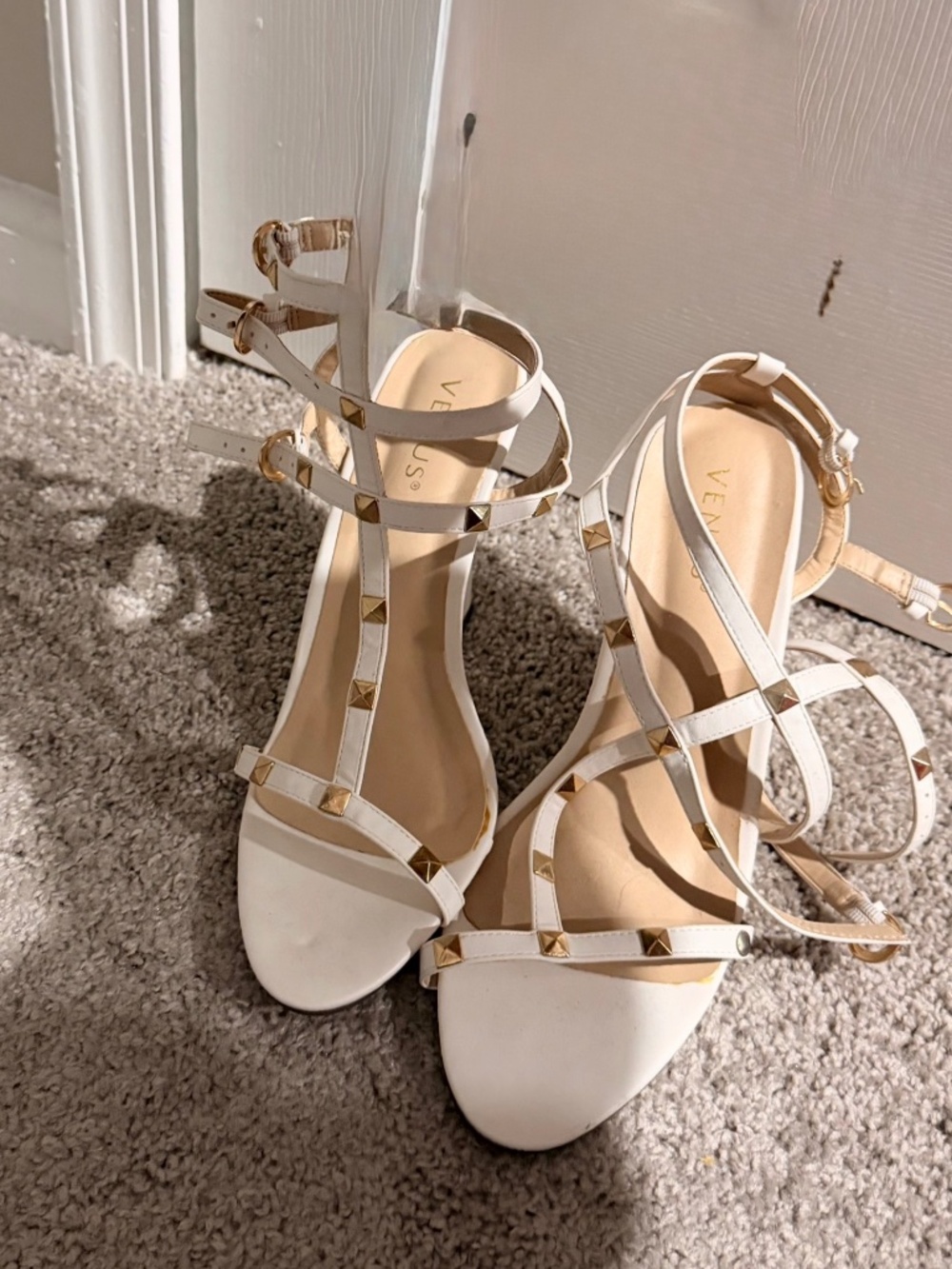 White studded strappy wedges